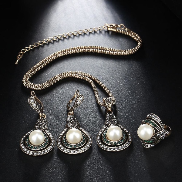 Turkisk stil Bridal Faux Pearl halsband Ring örhängen Smycken Set Party Gift US 7