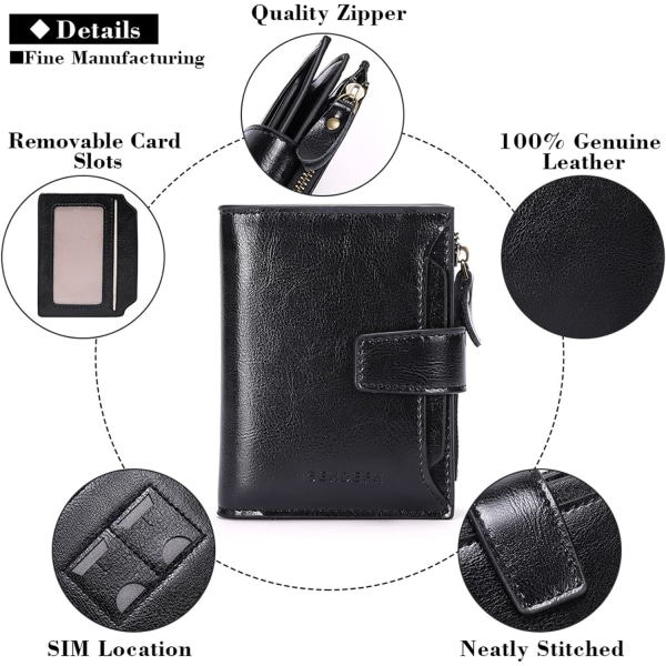 Damplånbok Smal myntplånbok i äkta läder Damplånbok med dragkedja och multi Anti RFID-blockerande korta plånböcker svart black