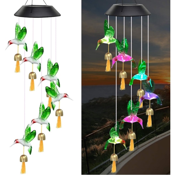 Solvindklockor för utomhusbruk, vindklocka med 6 metallklockor, 7 färger som växlar LED-ljus, vattentäta vindklockor för inomhus utomhus, trädgård, uteplats Hummingbird