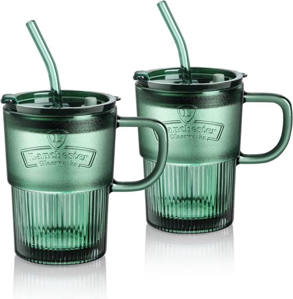 450 ml glas med lock och sugrör, iskaffeglas med sugrör och lock, 2-pack gröna dricksglas med sugrör