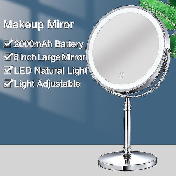 8 tums smink USB laddning 10x spegel Bakgrundsbelyst Justerbar ljus stående kosmetiska speglar (silver)
