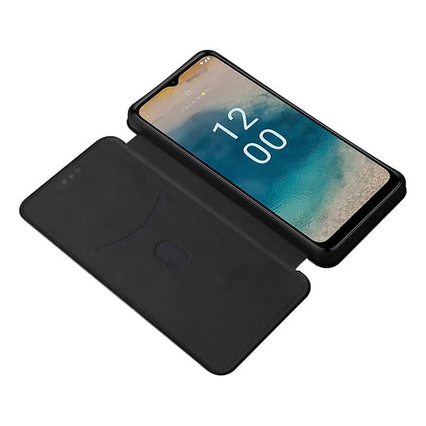 Nokia G22 Läderfodral med Kolfibertextur, Flip Folio Ställ, Kortplats