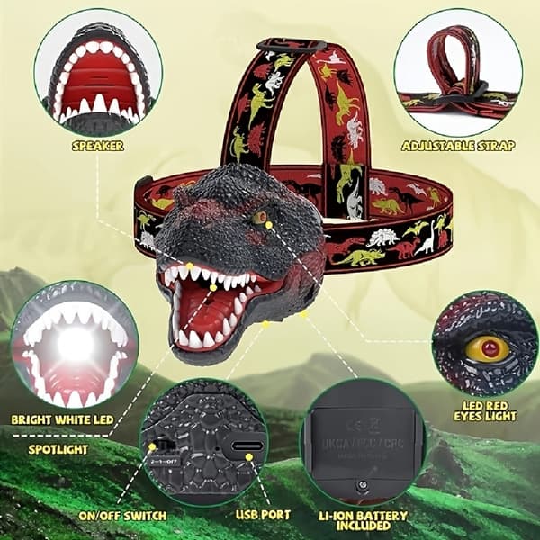 1 stk, LED-hodelykt, brølende dinosaurhodelykt, USB oppladbart lys, 90° roterende hodelykt, hjemmedekorasjonshodelykt, den beste gaven Green