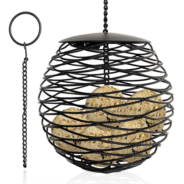 Fuglefoderautomat til fedtkugler, stor kapacitet, hængende vildtfugleholder til finke, kardinal, spætte, spurv, rødhals, diameter 13 cm, metal, sort