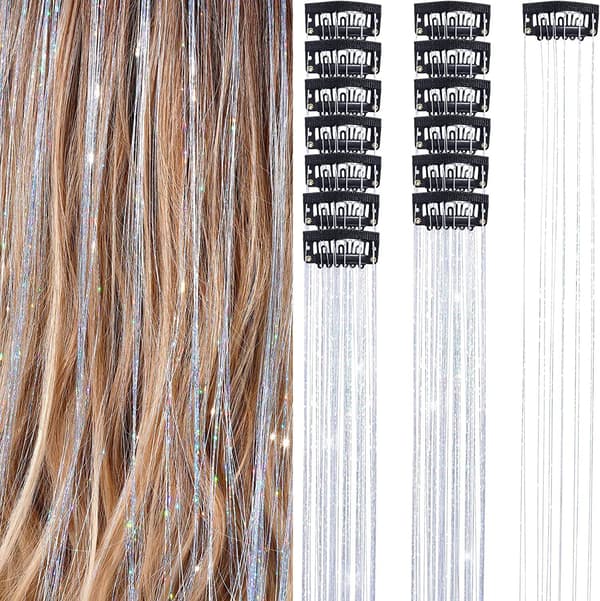 Clip-in Hårglitterförlängningsset för Halloween Cosplay Party (12-pack) Silver