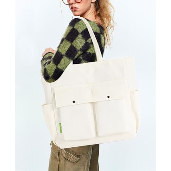 Kvinner Multi Lommer Glidelås Vanntett Lett Tote Bag Casual Store Skuldervesker Søte Canvas College Totes