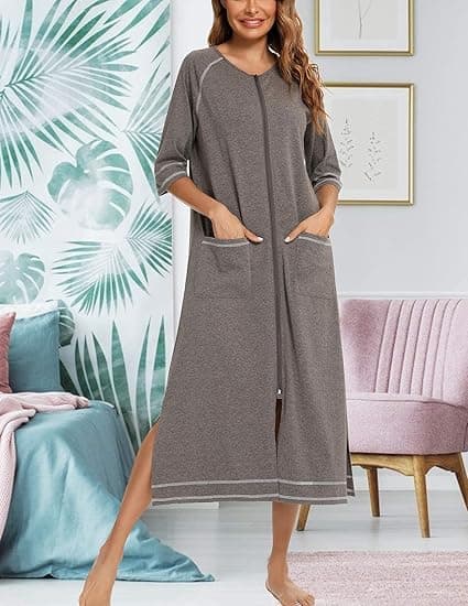 Dam Morgonrock med Dragkedja Fram, 3/4 Ärm, Lång Pyjamas
