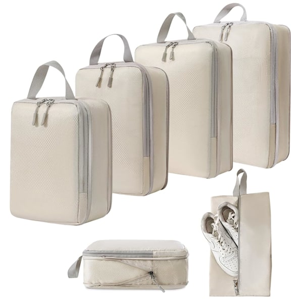 Rejsetaske Organizer Kompressionspakkeposer - 6-delt Pakningskuber Kompressionsrejsetaske Organizer, Pakningskuber Rejsearrangør Sæt beige
