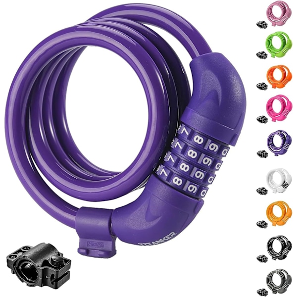 Violetti teräsvaijerilukko nelinumeroisella yhdistelmälukolla, varkaudenestolukko polkupyörälle, moottoripyörälle, maastopyörälle, 40 cm