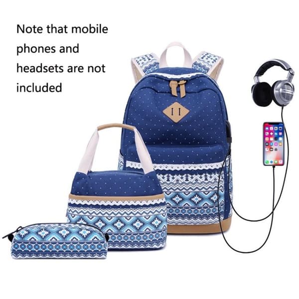 Set med 3 1905-1 Prickig Canvas Ryggsäck Student Skolväska (Mörkblå)