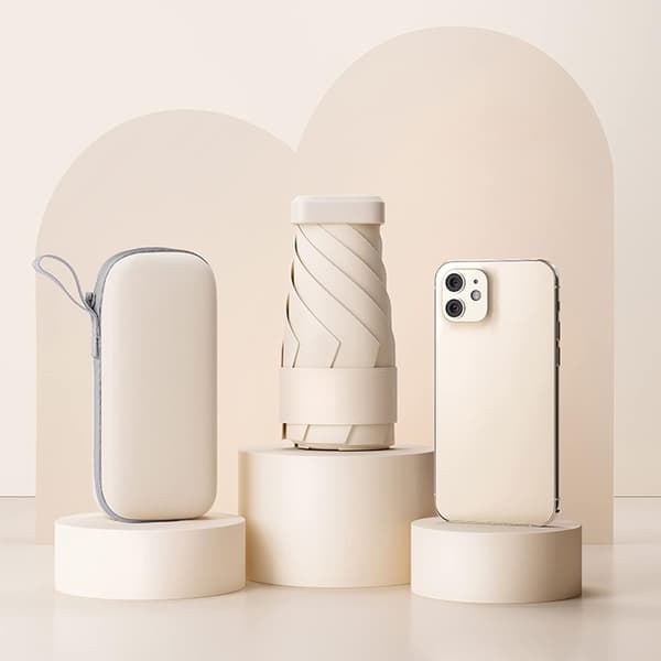 Mini paraply for håndveske, bærbar og kompakt, perfekt for regn og sol med UV-beskyttelse Beige