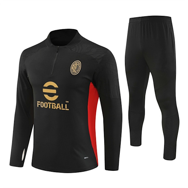2425 ny AC Milan fodboldtræningsdragt med lange ærmer og halv lynlås, efterår og vinter, til voksne og børn Sort Black L