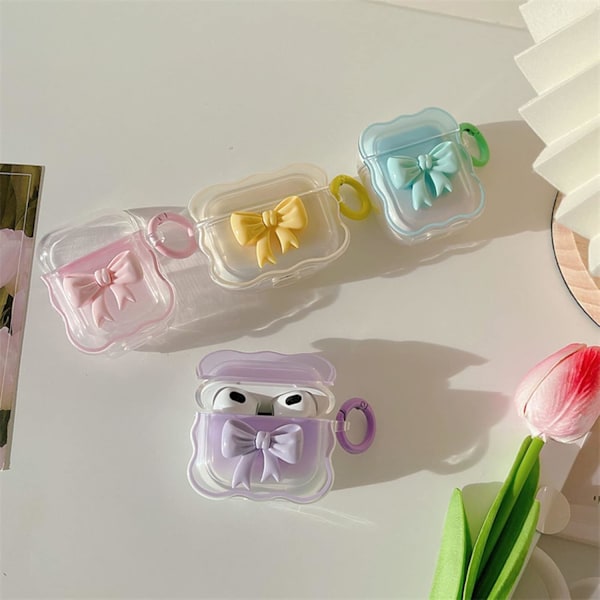 Kompatibelt med AirPods-skal Mjukt genomskinligt TPU med söt 3D-färgad rosett-design Stöttåligt nyckelringsskal för flickor Kvinnor Airpods 2 & 1-Rosa