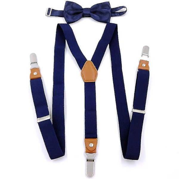 Hängslen och fluga i läder för män med knapphål, Y-formade clips, marinblå Navy Blue