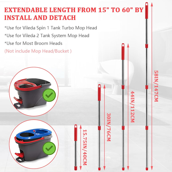 Erstatningshåndtak for mopp Kompatibel med Vileda Spin Mop-tilbehør, 58 tommer langt moppeskaft i rustfritt stål for de fleste moppehoder Justerbar R Red 1x Mop Handle