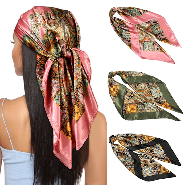 3-pakks hodeplagg silkescarf halsduk for kvinner - 90 x 90 cm store elegante scarfs for kvinner satinscarf jenter hodeplagg hårtilbehør