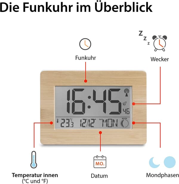 Radiostyrd digital klocka med DCF-tidssignal, äkta bambuhölje, LCD-display, termometer, väckarklocka och kalender. Batteri ingår