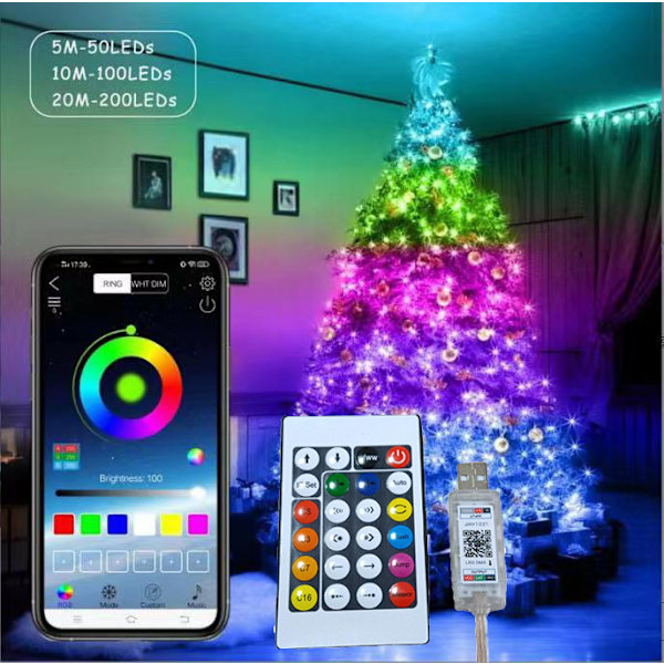 5m/10m/20m USB-drivna julgransljus med smart Bluetooth-app fjärrkontroll Heminredning Sagoslinga Zekai RGB 20M 200LEDs