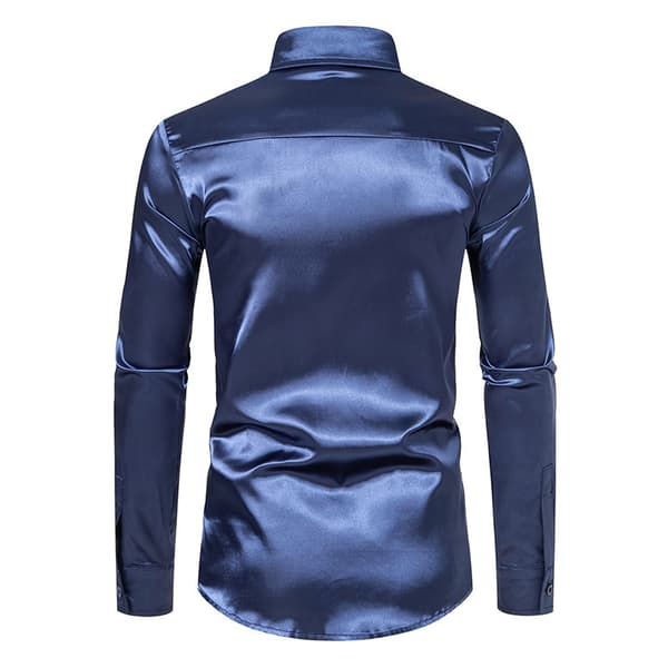 Herr glänsande smal passform satin långärmad skjorta marinblå navy blue XXL