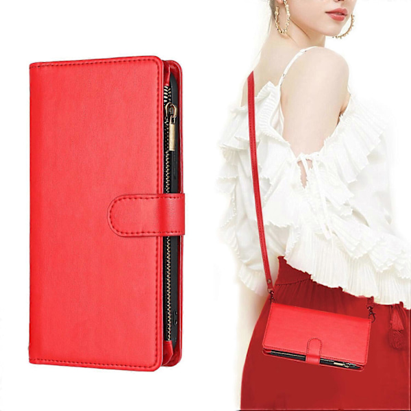 Etui til iPhone X/XS Aftagelig lanyard halsrem lynlås kortlommer PU læder folio flip wallet cover kompatibelt med iPhone X/XS cover Red