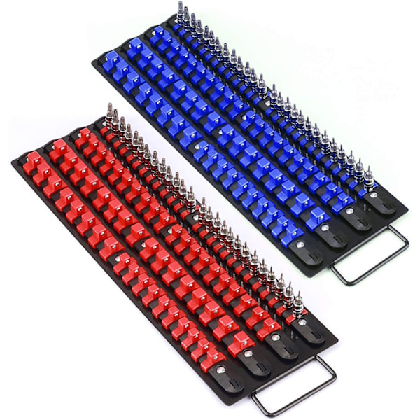 80 Deler Portabel Pipenøkkelorganisator, Sett med 1, Verktøyorganisator 1/4\", 3/8\", 1/2\", Kraftig Pipenøkkelholder, Svarte Skinner, Blå og Røde Klemmer Red