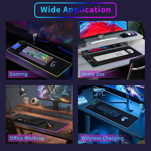 Gaming Musmatta med LED-lys - RGB - med 15W Trådløs Opladning, Bordmåtte, Stor LED Musmåtte med 10 Lystilstande