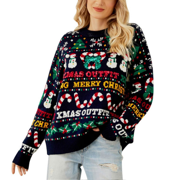 Women Christmas Sweater Knitted Crewneck Long Sleeve Printed Color Blocking Loose Pullover Sweater