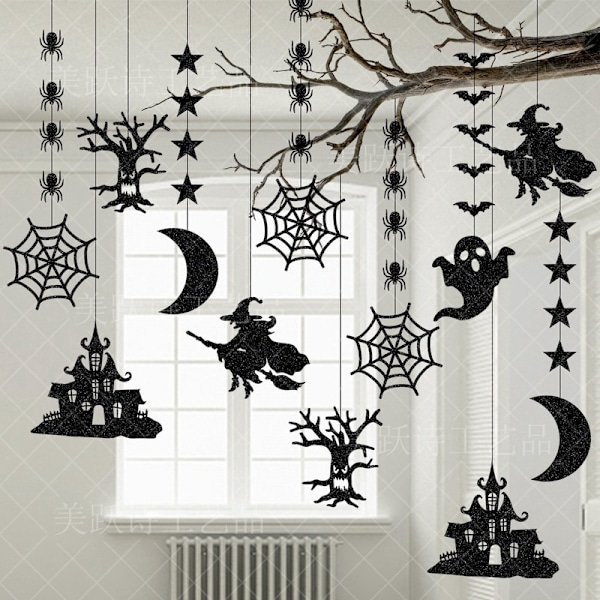 Halloween Bat Spider Hanging Kit, 12 Pieces Halloween Ornaments Black Glitter Bat Witch Spider Web Ghost Banner Garland