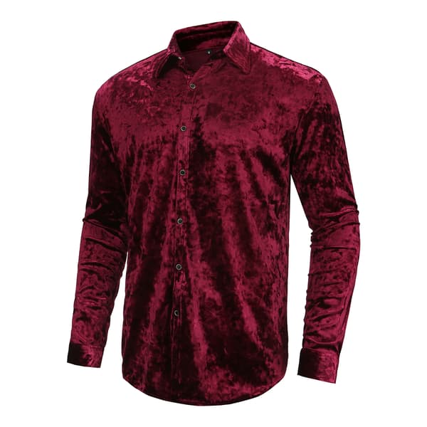 Langærmet fløjlsskjorte til mænd med knapper, krave og bluse, rød Red M