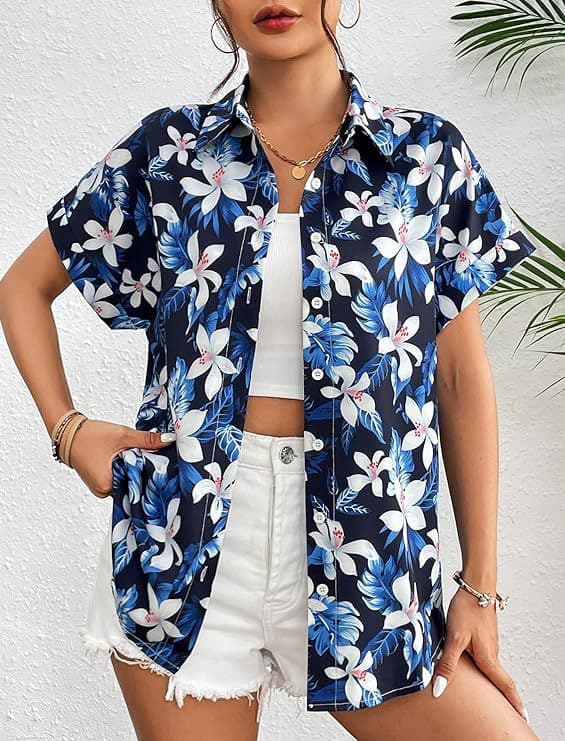 Hawaiiskjorte for kvinner, kortarmet blå Blue XL