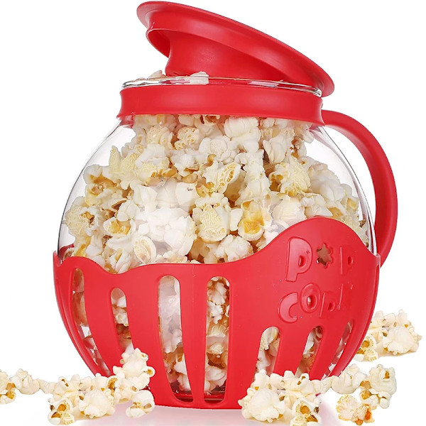 Mikrovågsugns popcornpoppare i glas med silikonlock, mikrovågsugns popcornpoppare med temperatursäkert glas