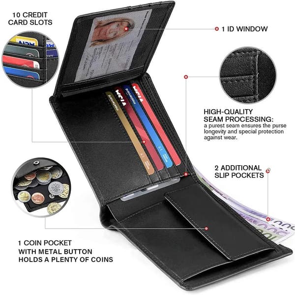Plånböcker Smal Plånbok i Äkta Läder med Låsfunktion, Myntficka, Minimalistiska Plånböcker för Män med Black