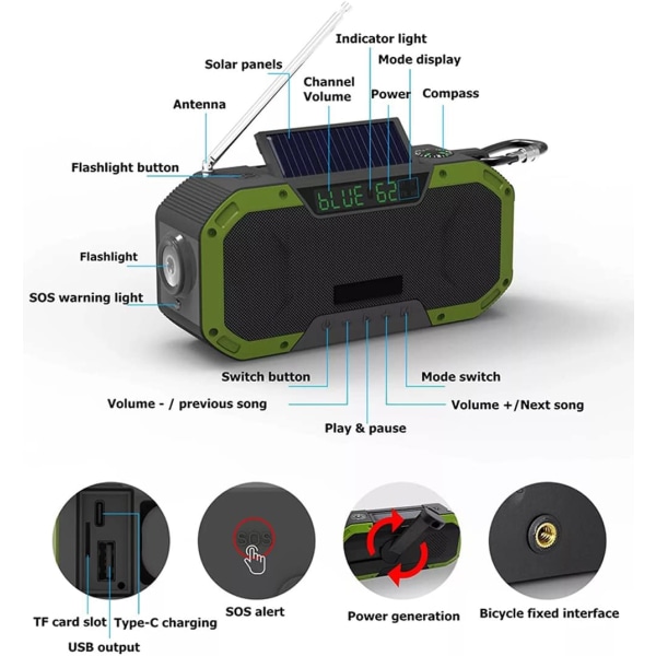 Handvevsradio med LCD-skärm, 2000mAh Bärbar NOAA Weather Solar Radio svartl