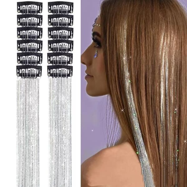 Eske med 12 hårforlengelsesstrå – Laser Gull Glitter Forlengelser for Kvinner: Glitrende og Highlight-stil Hårstykker B