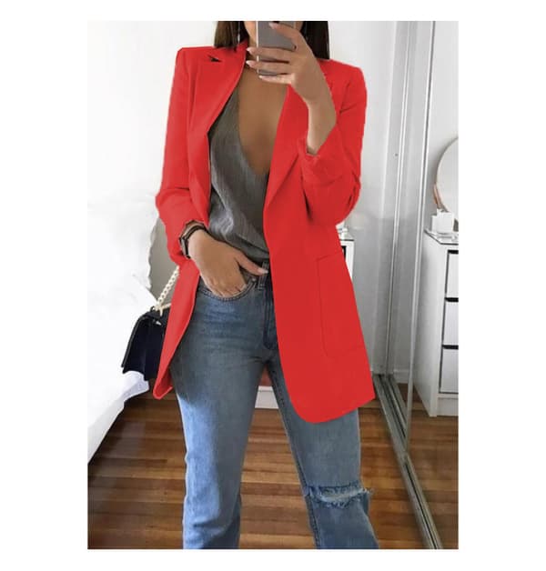 Dameblazer, arbejds- og kontorblazer, afslappet langærmet overtøj, hoftelang 3XL Red