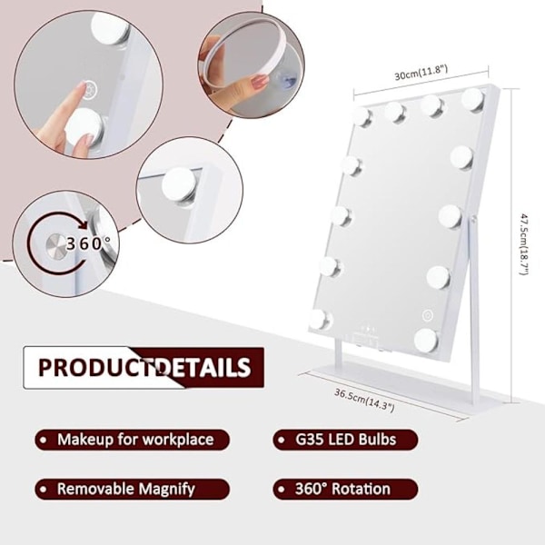 Hollywood-meikkipöytäpeili valoilla, 360° kääntyvä, 36.5 x 47 – Täydellinen