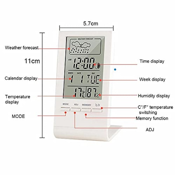 Digital LCD Inomhus Termometer Hygrometer Väckarklocka Kalender Väderstation Bordsklocka Temperatur Luftfuktighetsmätare Barometer