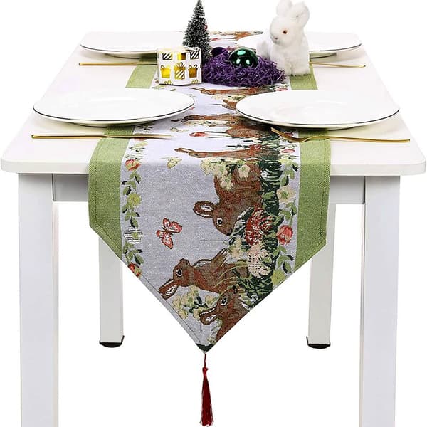 Easter Tablecloth for Dinner Table Decoration Easter Bunny Table Runner for Kitchen and Wine Cabinet Knitted Rabbit Table Runner.33cm*180cm