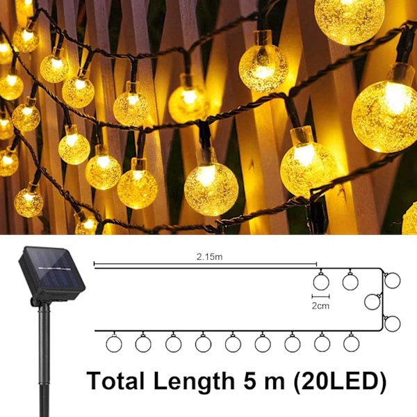 Solcelled Feelysslynger for Hage, Solcelled Lyskjede Krystallkuler 20 LED 5 m IP44 8 Moduser Feelysslynger Warm light 5m20led