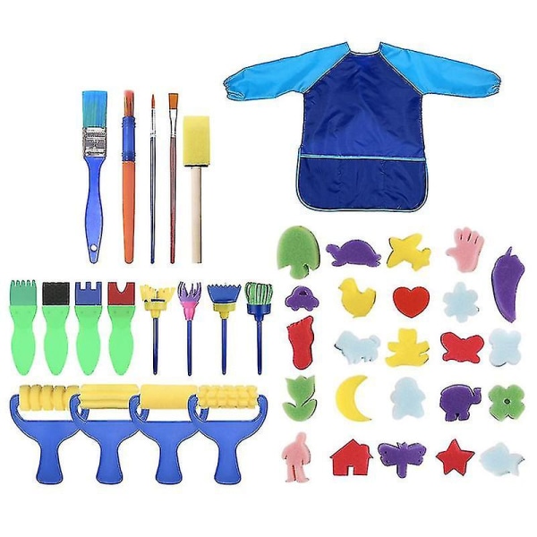 42 st Sponge Paint Brushes Kits Set för barn Tidiga gör-det-självlärande barnklotter, inkludera vattentätt förkläde, skumborstar, mönsterborste 42PCS (Blue clothes)