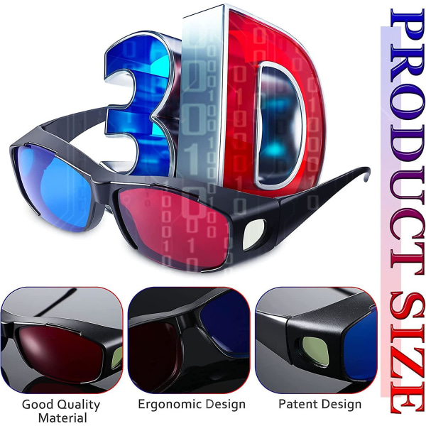 2 stycken 3d-filmspelsglasögon 3d rödblå glasögon 3d-stilsglasögon för 3d-filmspel, 3d-glasögon, lätt enkel design (svart)