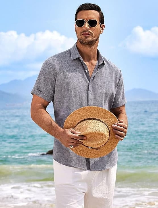 Hørskjorter til mænd Kortærmede afslappede skjorter Button Down skjorte til mænd Strand Sommer Stengrå Stone Grey 2XL