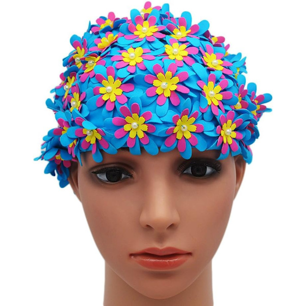 Badehætte til kvinder i retrostil med blomsterblade blue