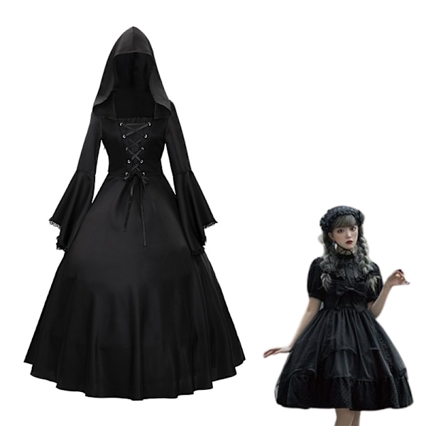 Kvindes Gotisk Victorian Hexe Vampyr Kjole Middelalderlig Renæssance Halloween Cosplay Hætte Kostume black M