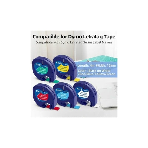 Etikettape kompatibel med Dymo LetraTag, 12mm x 4m, 5-pakning, svart på hvit/rød/gul/blå/grønn
