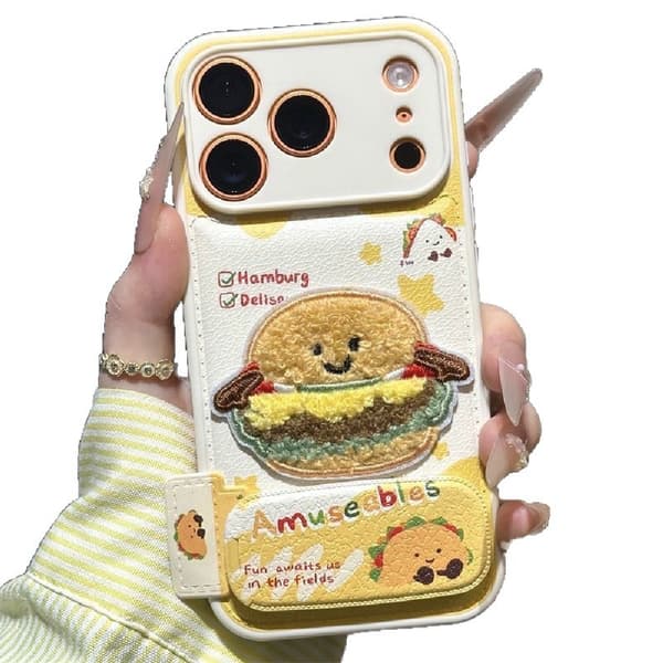 Plyschbroderat Burger Kickstand Mobilskal, Stötsäkert Skyddsfodral med Lädertextur för iPhone, Höst Vinter Stil 15 pro
