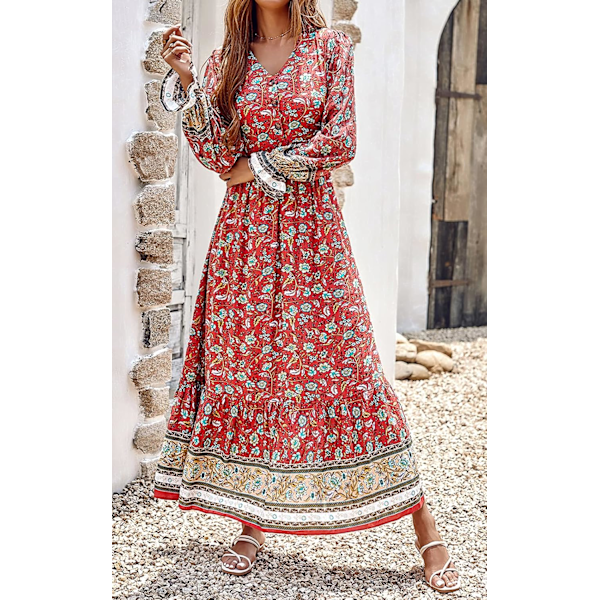 Langærmet Maxikjole til Kvinder - V-udskæring Casual Knap-ned Boho Blomsterprint Efterår Lange Kjoler