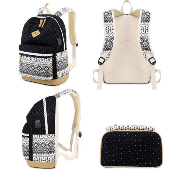 Set med 3 1905-1 Prickig Canvas Ryggsäck Student Skolväska (Mörkblå)