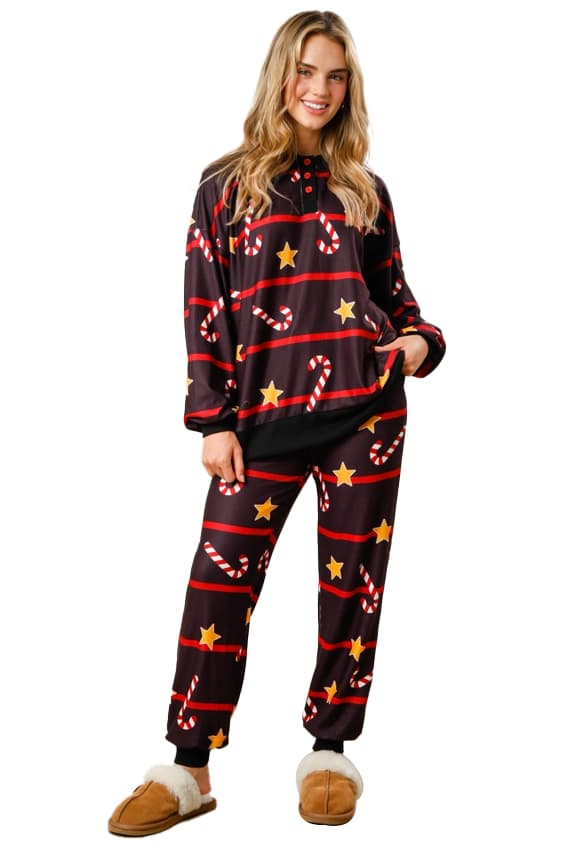 Dame Candy Cane Julepyjamas Stribet Loungesæt Jule-PJs Sæt sort black M