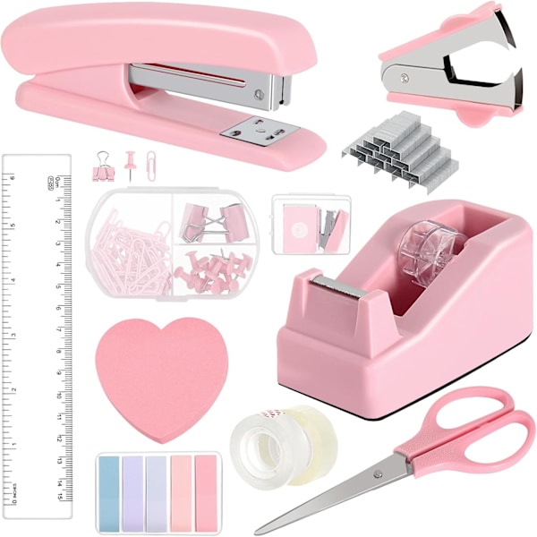 Toimistotarvikesetti, vaaleanpunainen nitoja ja teippiteline nitojanpoistajalla, sisältää 1000 niittiä, paperiliittimiä, teippiä, sakset ja välilehtiä pink